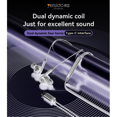 YH44 High Quality Ergonomically Designed In-ear Earphone Dual Dynamic Type-C Wired Headphones