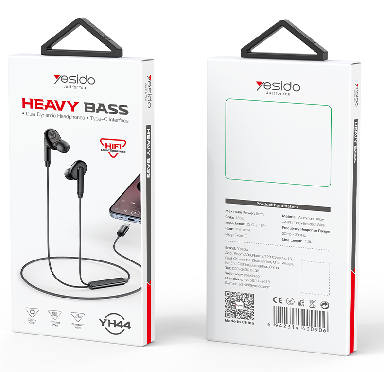 YESIDO YH44 Type-C Aluminum Alloy In-ear Wired Earphone Packaging