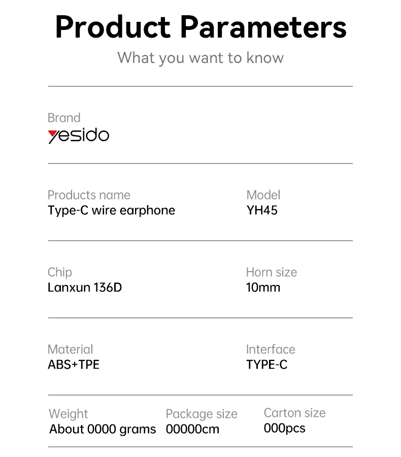 YESIDO YH45 Type-C Plastic In-ear Wired Earphone Parameter