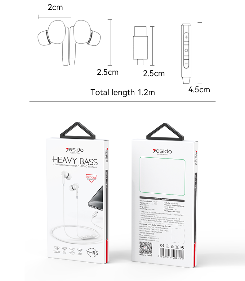 YESIDO YH45 Type-C Plastic In-ear Wired Earphone Packaging