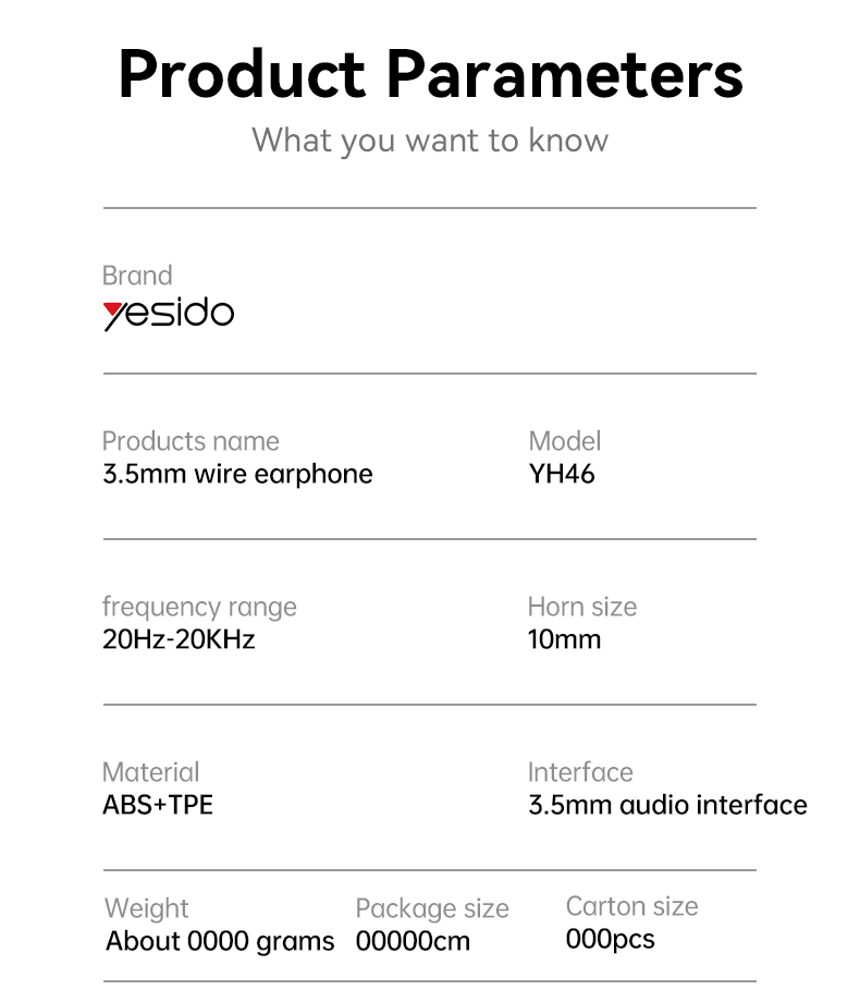 YESIDO YH46 3.5mm Plastic In-ear Wired Earphone Parameter