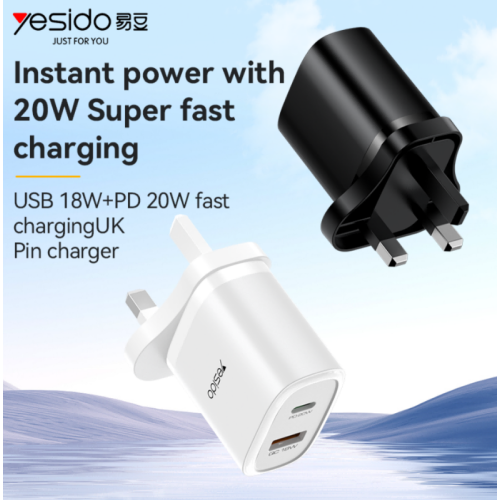 YC49 USB-A + Type-C Dual Ports Max 20W Fast Charging UK Standard Travel Charger With C To C Cable