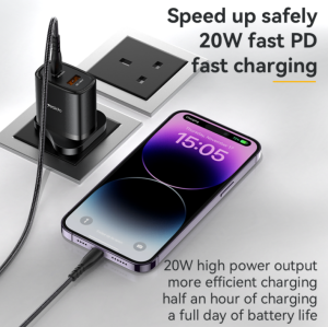 YC49 USB-A + Type-C Dual Ports Max 20W Fast Charging UK Standard Travel Charger With C To C Cable