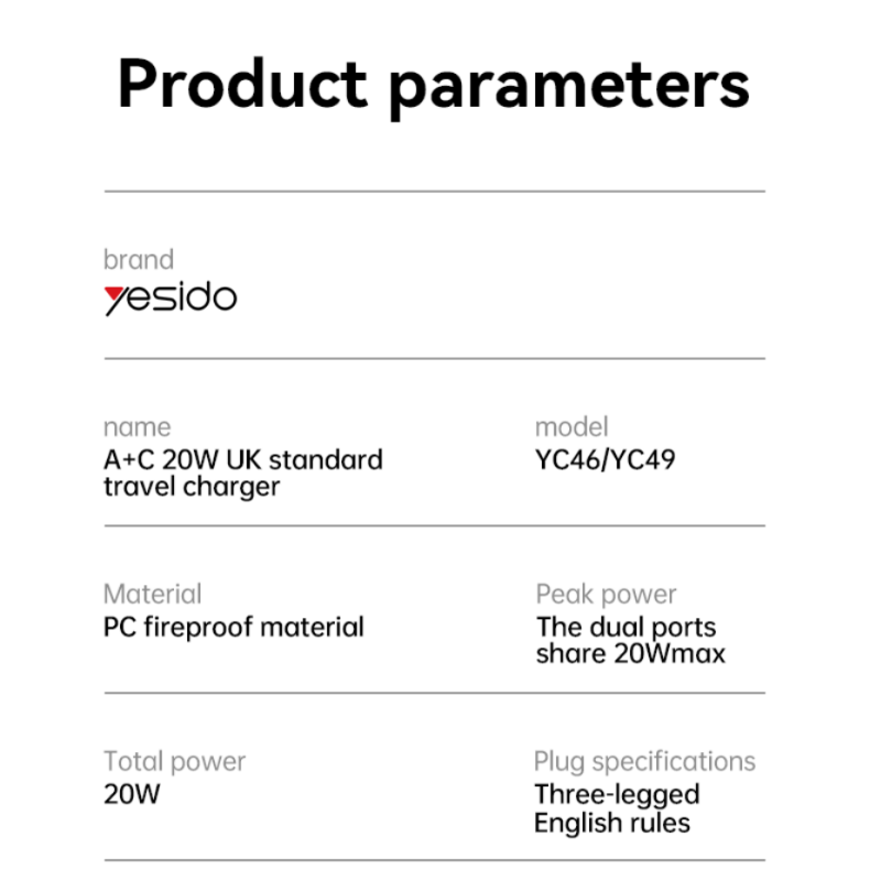 YC49 20W Fast Charging Home Charger(TC+USB) Parameter