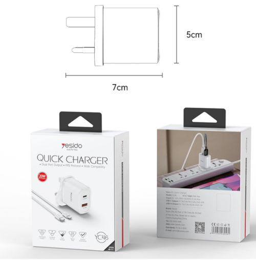 YC49 USB-A + Type-C Dual Ports Max 20W Fast Charging UK Standard Travel Charger With C To C Cable