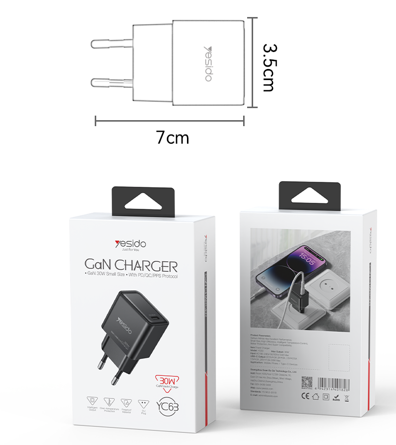 YC63 EU 30W GaN Fast Charging Home Charger(TC Port) Packaging