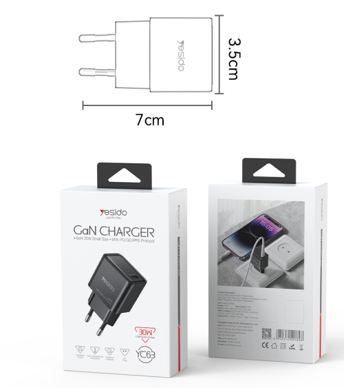 YC63 30W GaN Multiple Protection Low Temperature Fast Charging European Standard Fast Charger