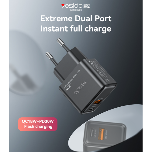 YC64 PD 30W + QC 18W Fast Charging GaN USB-C & USB-A Dual-port EU Fast Charger