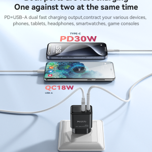 YC64 PD 30W + QC 18W Fast Charging GaN USB-C & USB-A Dual-port EU Fast Charger