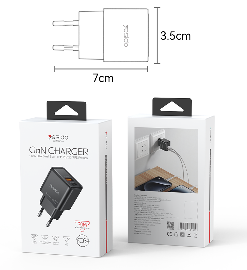 YC64 EU 30W GaN Fast Charging Home Charger(Type-C + USB Port) Packaging