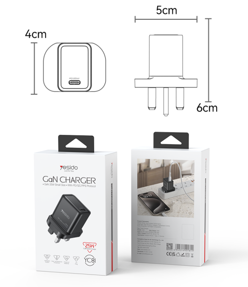 YC81 GaN Single Type-c UK 25W Fast Charging PC Fireproof Material Flash Fast Charger