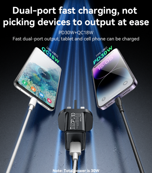 YC83 PD 30W + QC 18W Fast Charging GaN USB-C & USB-A Dual-port UK Plug Fast Charger