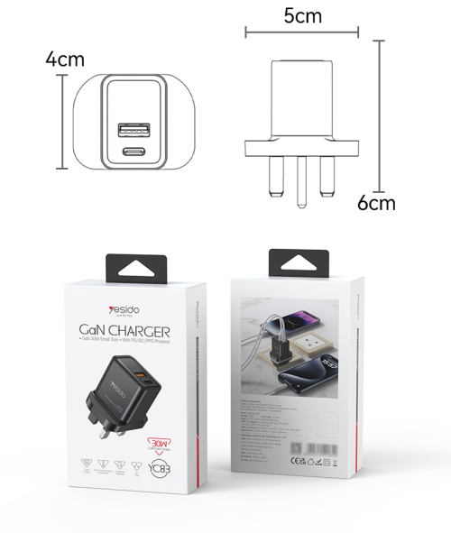 YC83 PD 30W + QC 18W Fast Charging GaN USB-C & USB-A Dual-port UK Plug Fast Charger