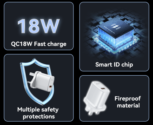 YC85C Overspeed Fast Charge Fireproof Material QC18W Single A UK Charger With A To C Cable