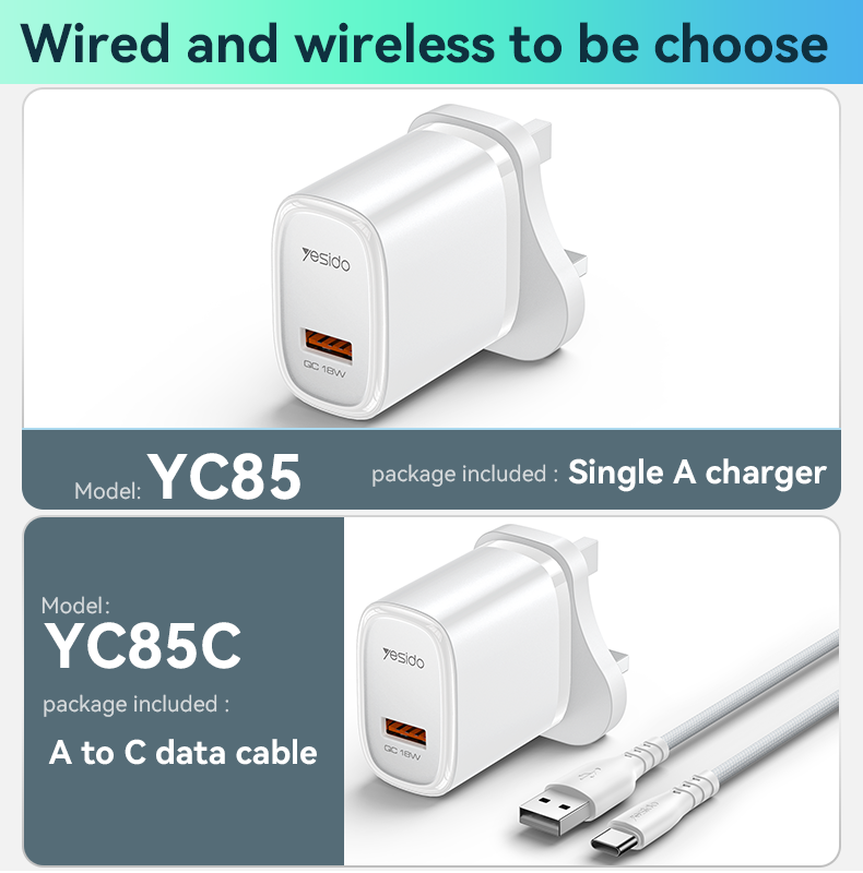 YC85C UK 18W Fast Charging Wall Charger(USB Port) Details