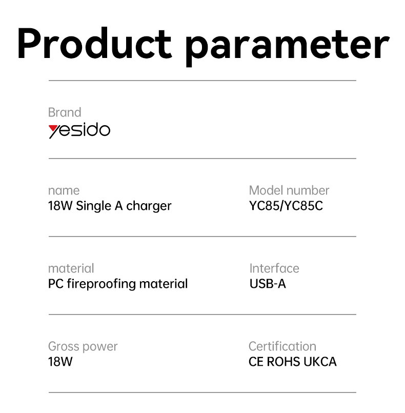 YC85C UK 18W Fast Charging Wall Charger(USB Port) Parameter