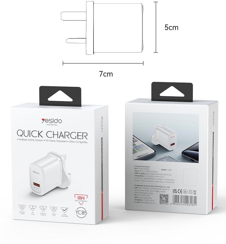 YC85 UK 18W Fast Charging Wall Charger(USB Port) Packaging