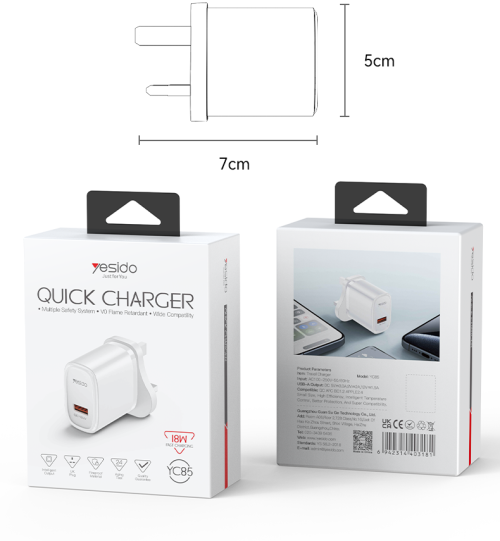 YC85C Overspeed Fast Charge Fireproof Material QC18W Single A UK Charger With A To C Cable