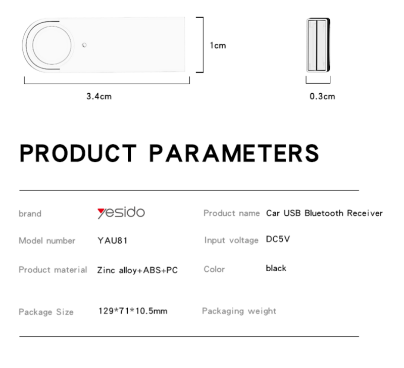 YAU81 Mini Car USB Bluetooth Receiver Parameter