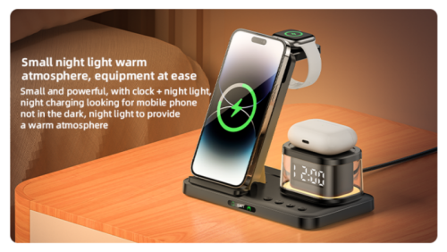 DS22 5-in-1 15W Fast Charging Double Angle Adjustment Triple Cooling Design Clock Wireless Charger