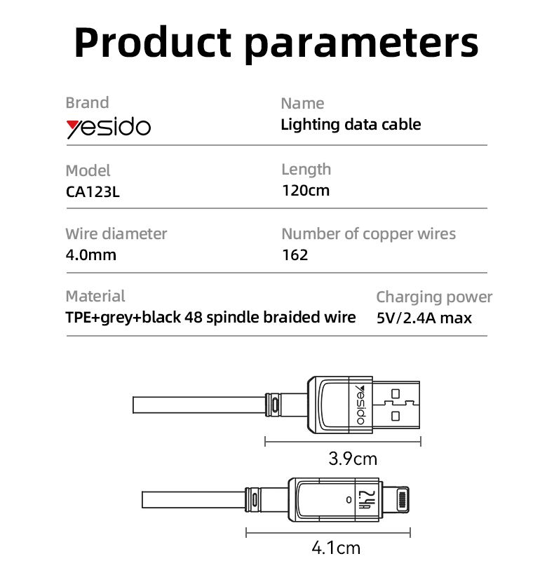 CA123L USB To IP 12W Auto Disconnecting Charging Data Cable Parameter