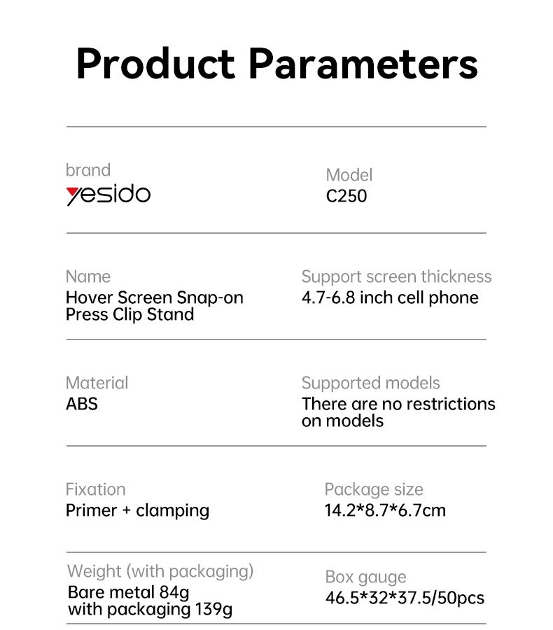  C250 Hover Screen Snap-on Press Clip Stand Parameter