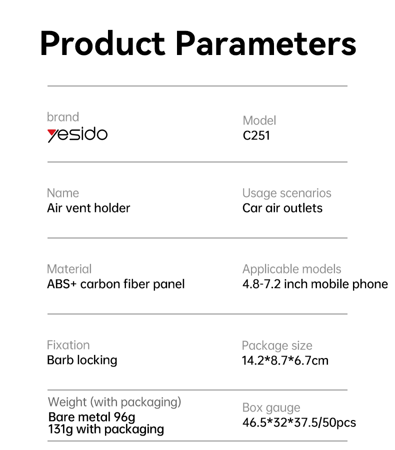 C251 Air Vent Using Spring Clip Phone Holder Parameter