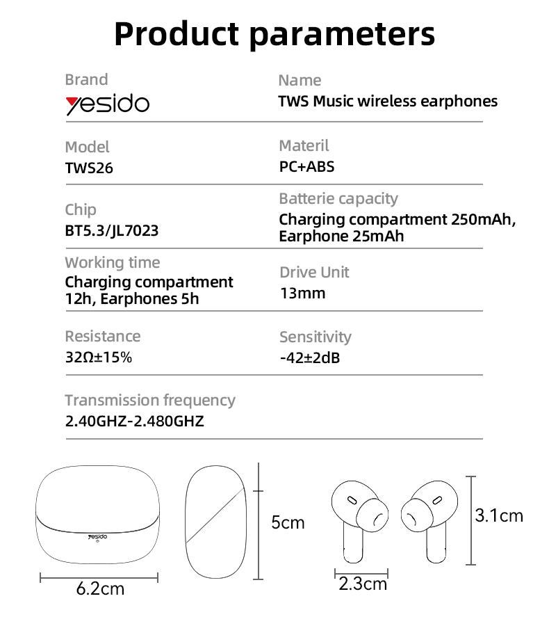 TWS26 Physical Noise Reduction TWS Wireless Earphone Parameter