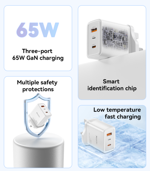 YC89 Three-Port Quick Punch A+C+L 65W Fast Charging UK Spec GaN Charger With C To L Cable