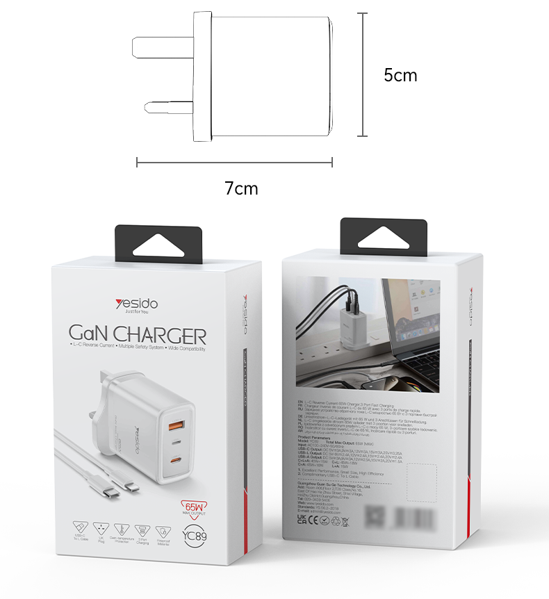 YC89 UK 65W Fast Charging Wall Charger(USB+IP+TC) Packaging