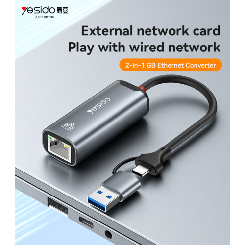 HB26 Aluminum Alloy 1000Mbps Wired High-speed Transmission TC/USB 2in1 Gigabit Ethernet Converter