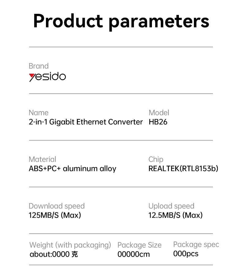 HB26 Type-C/USB to RJ45 Gigabit Ethernet Converter Parameter