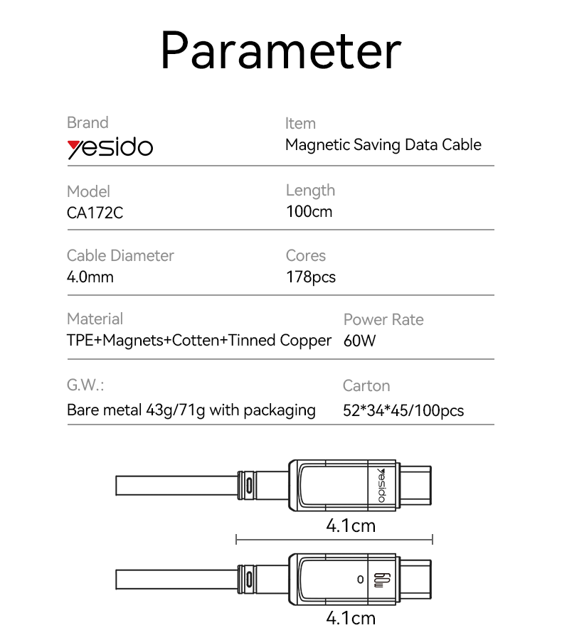 CA172C Type-C To Type-C 60W Magnetic Saving Data Cable Parameter