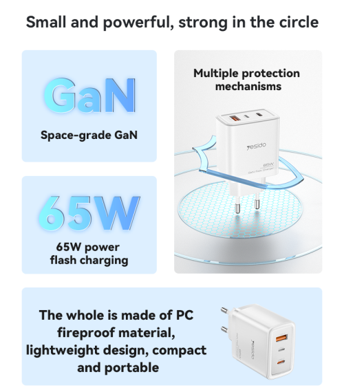 YC70 Three-Port A+C+L 65W Fast Charging European Specification GaN Charger With C To L Cable