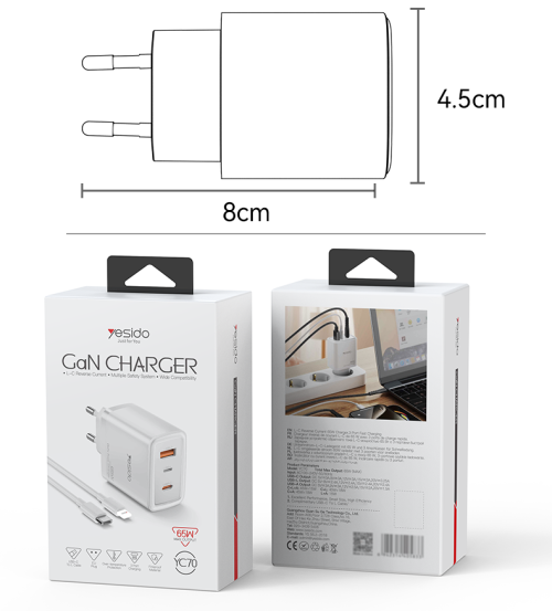 YC70 Three-Port A+C+L 65W Fast Charging European Specification GaN Charger With C To L Cable