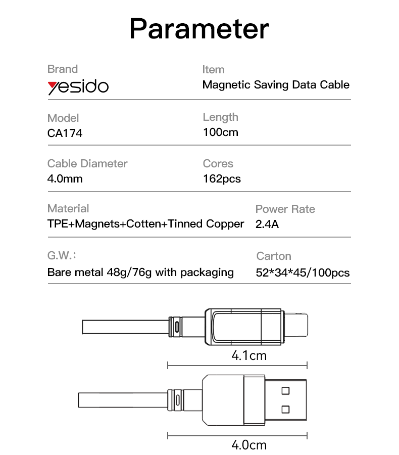 CA174 USB To Type-C 12W Magnetic Saving Data Cable Parameter