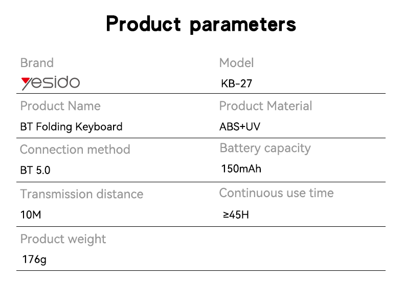 Yesido KB27 Mini Folding Wireless Keyboard Parameter