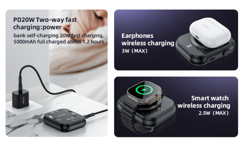 YP59 5000mAh PD20W Fast Charging Earphone&Smart Watch 3 in 1 15W Wireless Charging Power Bank