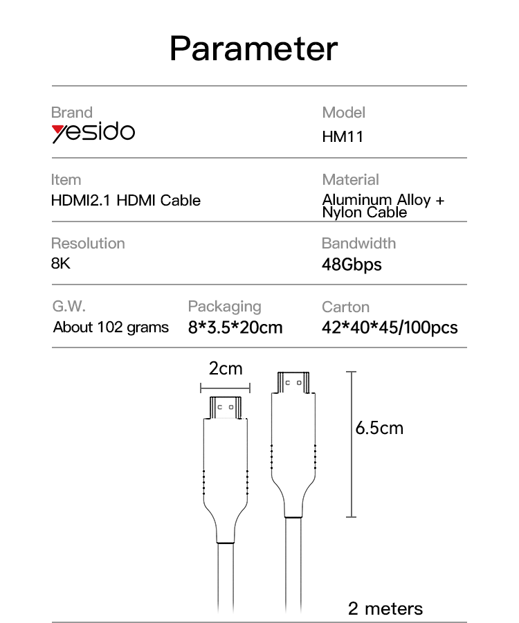 Yesido HM11 8K HDMI2.1 to HDMI2.1 cable Parameter