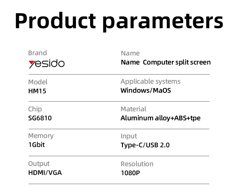 Yesido HM15 USB/TC to HDMI or VGA Laptop Screen Splitter Parameter