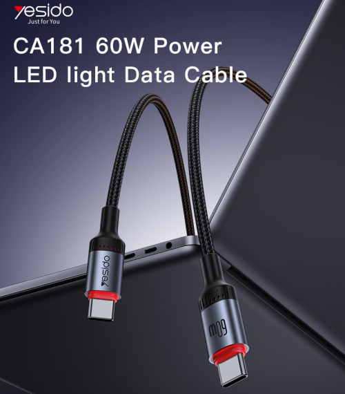 CA181 1.2M PD60W Fast Charging Type-C To Type-C 48-Strand Braided Cable Power LED Light Data Cable