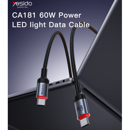 CA181 1.2M PD60W Fast Charging Type-C To Type-C 48-Strand Braided Cable Power LED Light Data Cable