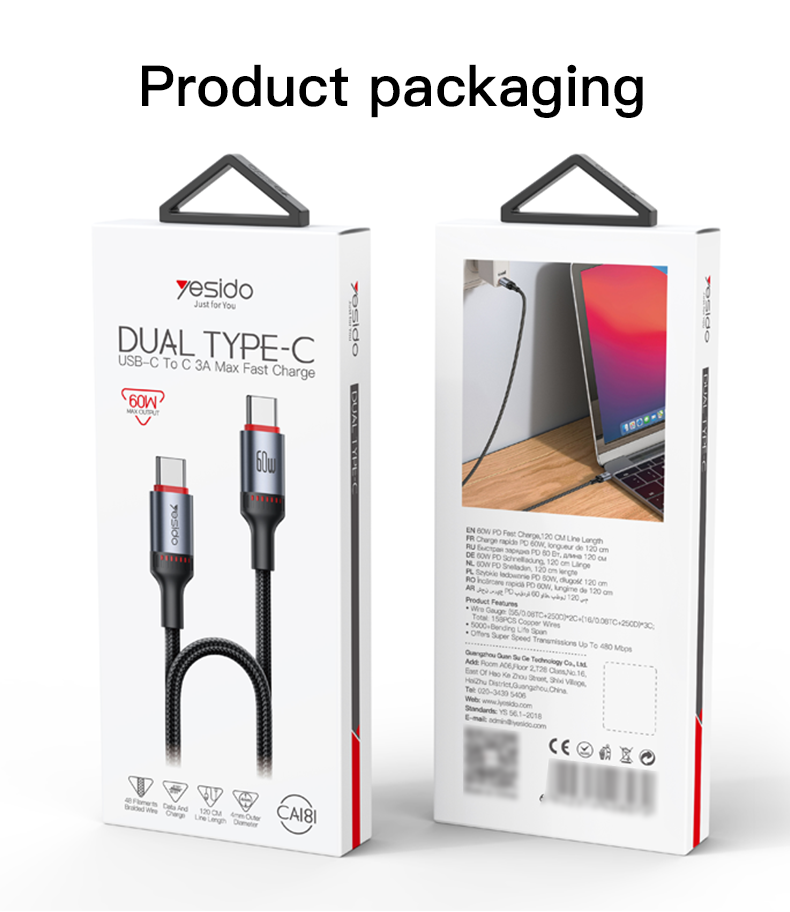 CA181 Type-C To Type-C 60W Fast Charging Data Cable packaging