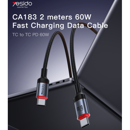 CA183 2M PD60W Fast Charging Type-C To Type-C 48-Strand Braided Cable Power LED Light Data Cable