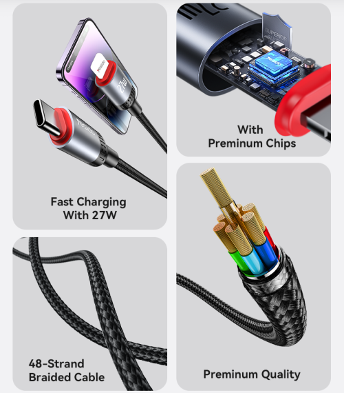 CA182 1.2M 27W Fast Charging Type-C To IP 48-Strand Braided Cable Power LED Light Data Cable