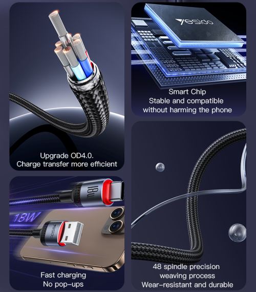 CA130C 2M USB To Type-C 18W Fast Chagrging Built-in Smart Chip Aluminum Alloy Braided Data Cable