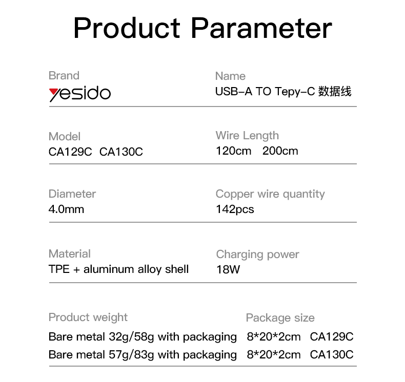 CA130C USB To Type-C 18W Fast Charging Data Cable Parameter