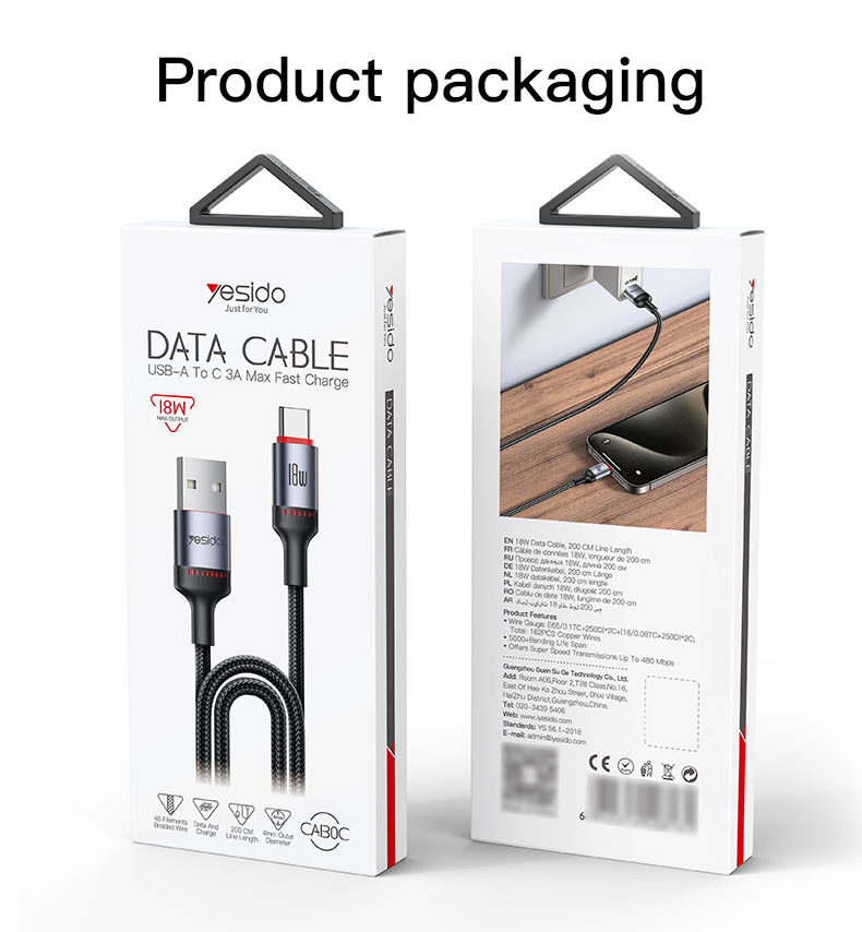 CA130C USB To Type-C 18W Fast Charging Data Cable packaging