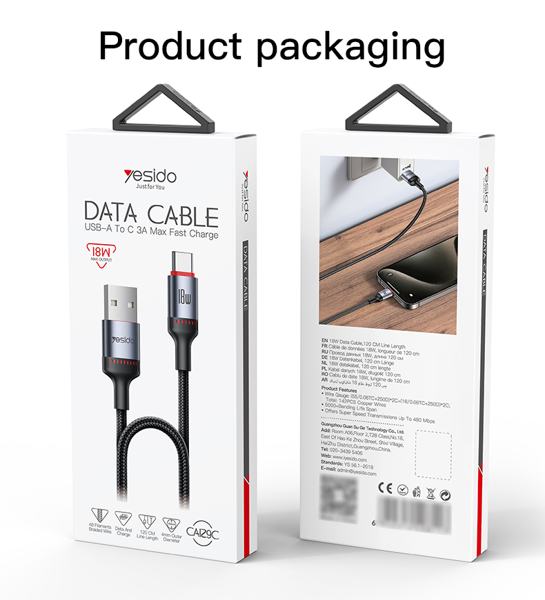 CA129C 1.2M USB To Type-C 18W Fast Charging Data Cable packaging