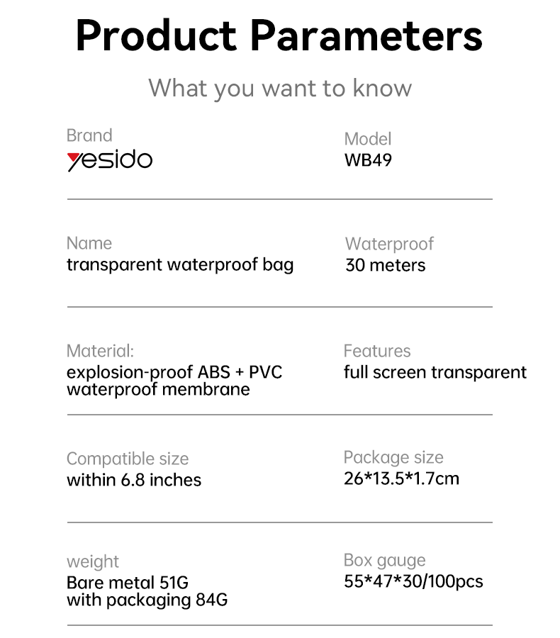 Yesido WB49 Transparent Waterproof Mobile Phone Bag Parameter